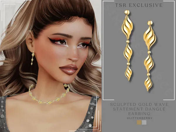 Sims 4 Sculpted Gold Wave Statement Dangle Earring by Glitterberryfly