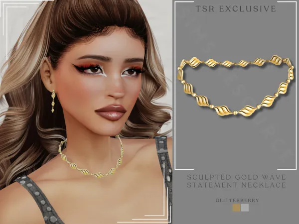 Sims 4 Sculpted Gold Wave Statement Necklace by Glitterberryfly