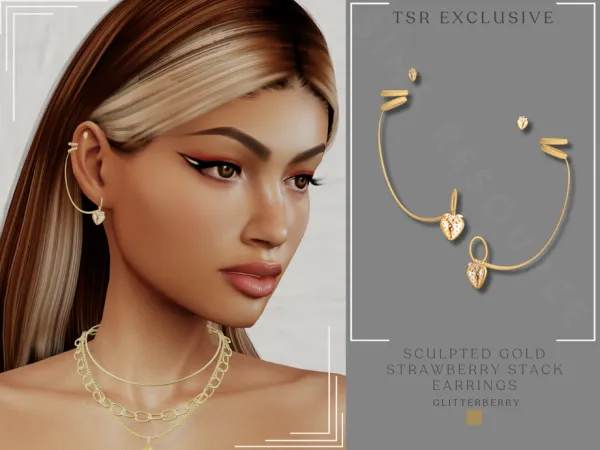 Alpha Gold Sculpted Strawberry Stack Earring by Glitterberryfly - The Sims 4 Custom Content