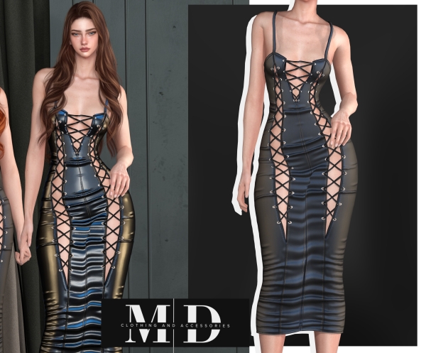 Alpha NEW 4331045027790343310450277903long fitted faux leather dress with a low neckline and braided detail43310450277903 by mydarling20 - The Sims 4 Custom Content