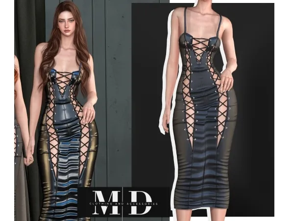 Sims 4 NEW &#43310450277903&#43310450277903long, fitted faux leather dress with a low neckline and braided detail&#43310450277903
