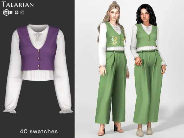 Alpha Cleo Buttoned Vest Over Long Sleeve Blouse by talarian - The Sims 4 Custom Content