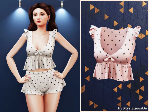 Alpha Polka dot ruffle pajama top by MysteriousOo - The Sims 4 Custom Content