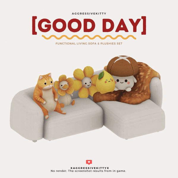 Maxis Match AGGRESSIVEKITTY GOOD DAY FUNCTIONAL LIVING SOFA PLUSHIES SET by simsfinds - The Sims 4 Custom Content