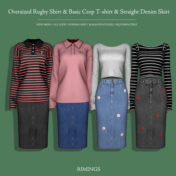Alpha [RIMINGS] Oversized Rugby Shirt Basic Crop T shirt Straight Denim Skirt by simsfinds - The Sims 4 Custom Content