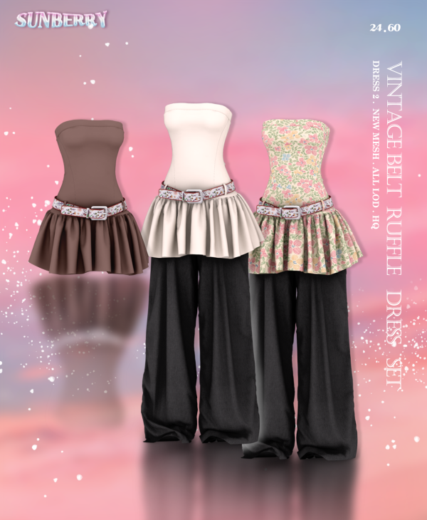 Alpha [SUNBERRY]2460_Vintage Belt Ruffle Dress by simsfinds - The Sims 4 Custom Content