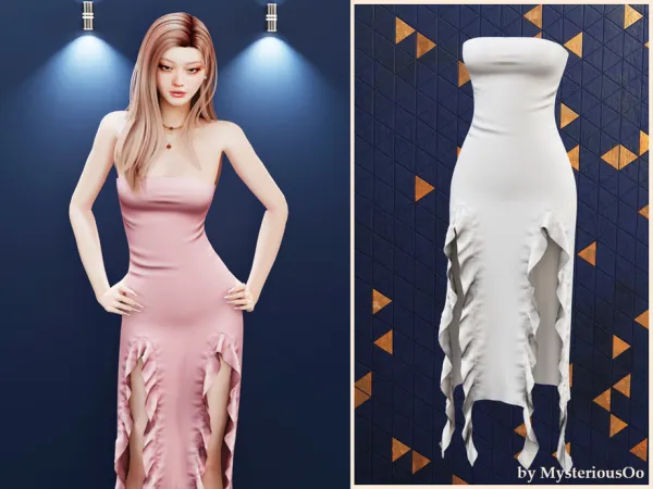 Alpha Strapless ruffle slit dress by MysteriousOo - The Sims 4 Custom Content