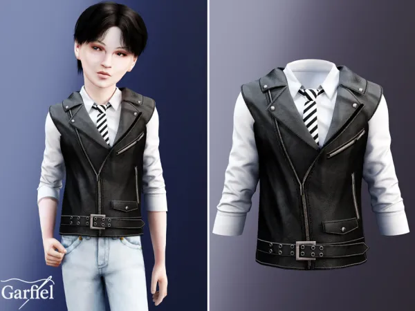 Alpha Child Leather style vest with shirt and striped tie by Garfiel - The Sims 4 Custom Content