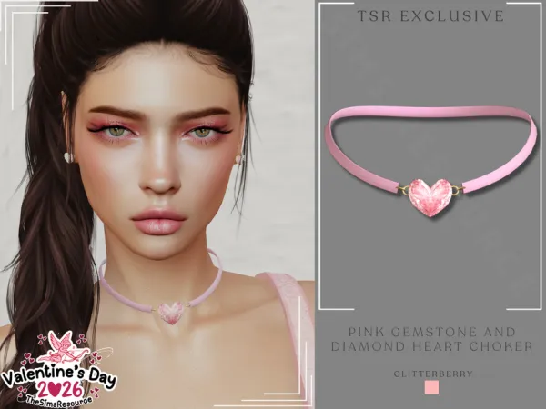 Alpha Pink Gemstone Heart Choker by Glitterberryfly - The Sims 4 Custom Content