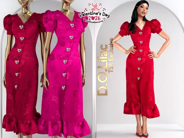 Alpha Heart Embellished Puff Sleeve Dress DO2145 - The Sims 4 Custom Content