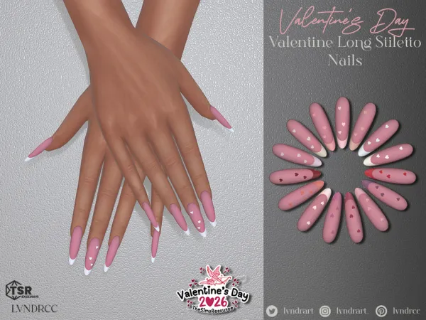 Alpha (Valentine's Day 2026) Heart Decal Long Almond Nails - The Sims 4 Custom Content