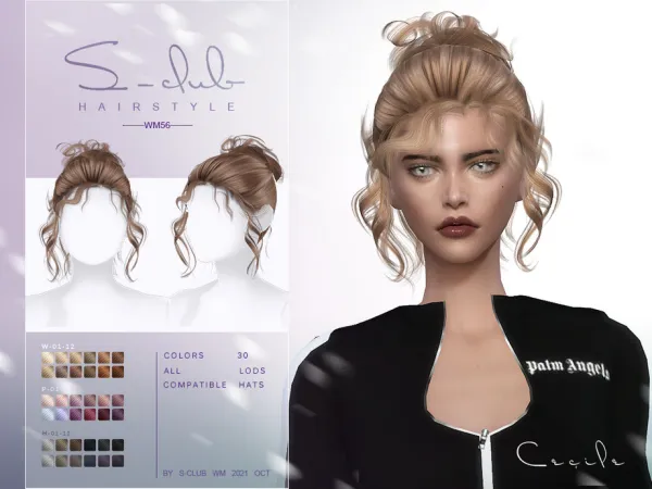 Alpha Curly bun hairstyle (Cecile) Club by S - The Sims 4 Custom Content