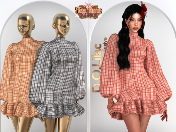 Alpha Balloon Sleeve Gingham Ruffle Dress DO2166 - The Sims 4 Custom Content