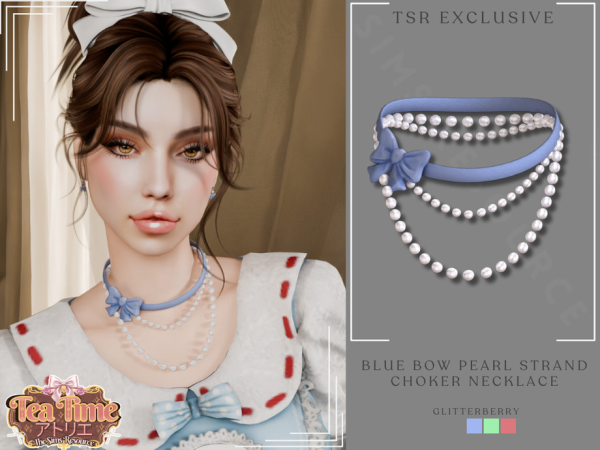 Mix Blue Bow Pearl Strand Choker Necklace by Glitterberryfly - The Sims 4 Custom Content