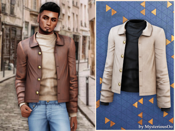Alpha Male Layered leather jacket and knit sweater by MysteriousOo - The Sims 4 Custom Content