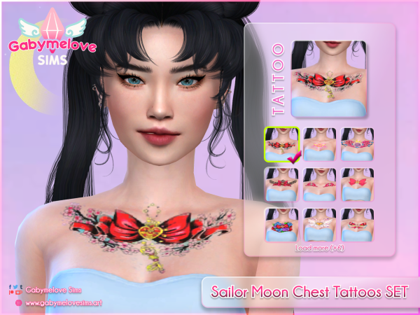 Mix Sailor Moon Anime Chest Tattoos SET [HQ compatible] by gabymelovesims - The Sims 4 Custom Content