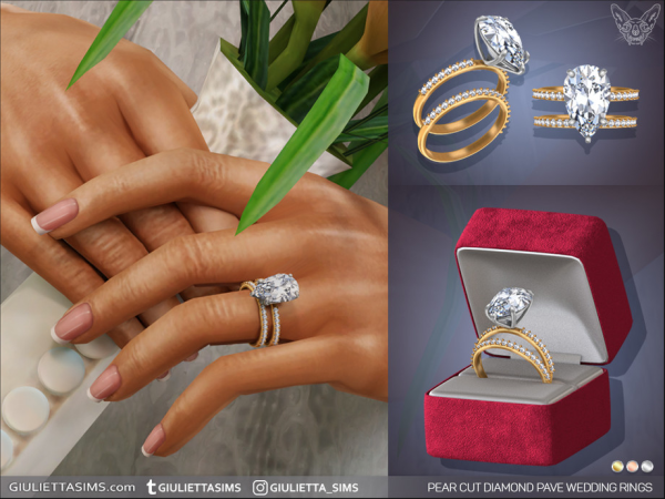 Alpha Pear Cut Diamond Pave Wedding Rings Set by feyona - The Sims 4 Custom Content