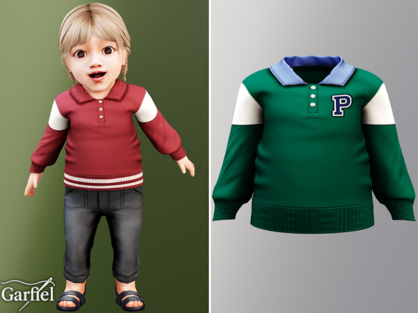 Alpha Infant Cozy polo sweatshirt with varsity patch and soft cuffs by Garfiel - The Sims 4 Custom Content