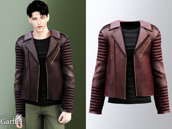 Alpha Adult Burgundy biker jacket with quilted sleeves and zippers by Garfiel - The Sims 4 Custom Content