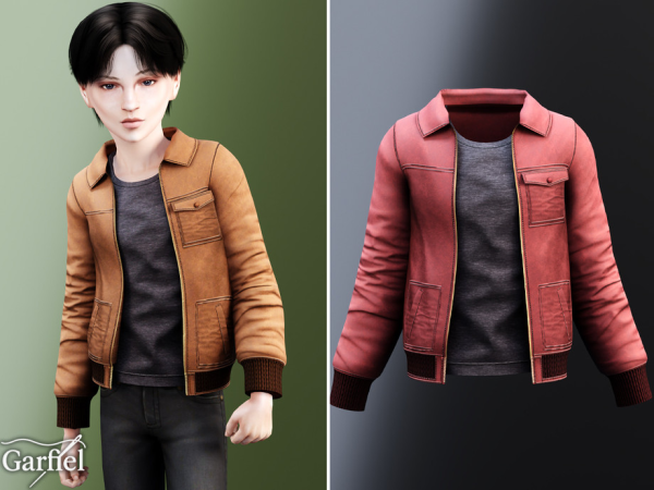 Alpha Child Sleek leather jacket with collar, pockets, and ribbed cuffs by Garfiel - The Sims 4 custom content