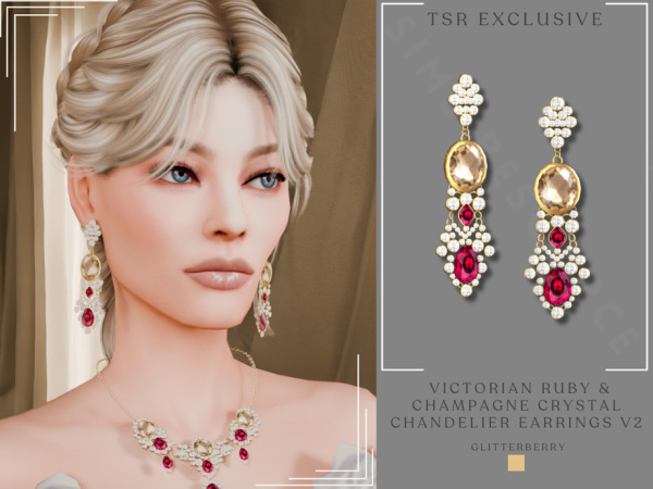 Alpha Victorian Ruby Champagne Crystal Chandelier Earrings V2 by Glitterberryfly - The Sims 4 Custom Content