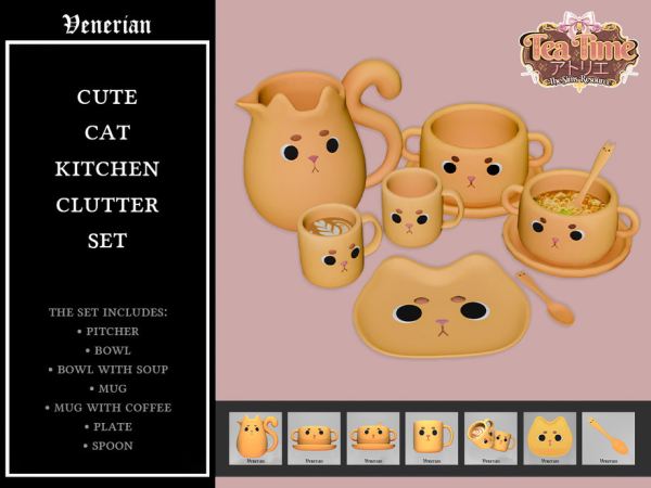 Mix Cute Cat Kitchen Clutter Set (Tea Time) by Venerian - The Sims 4 Custom Content