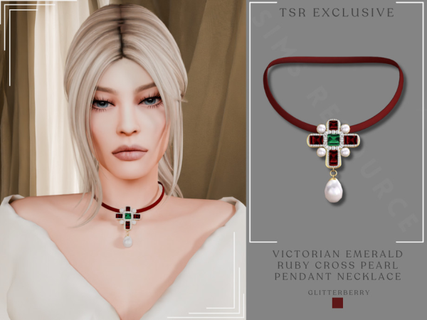 Alpha Victorian Emerald Ruby Cross Pearl Pendant Necklace by glitterberrysims - The Sims 4 Custom Content
