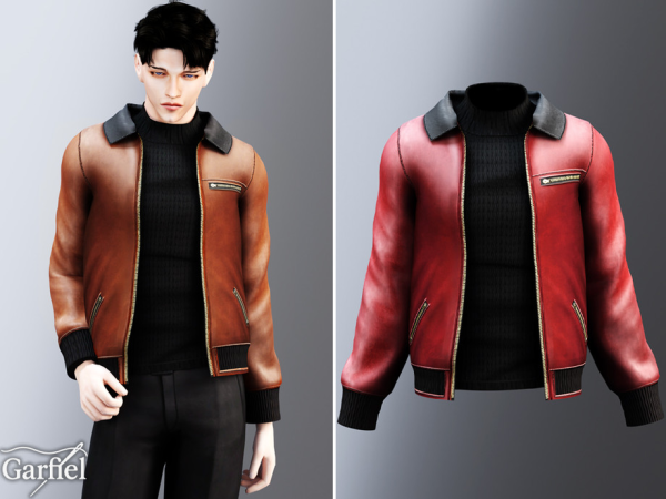 Alpha Adult Leather bomber jacket with contrast collar and zips by Garfiel - The Sims 4 Custom Content