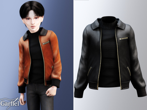 Alpha Child Leather zip jacket with collar and ribbed trim by Garfiel - The Sims 4 custom content