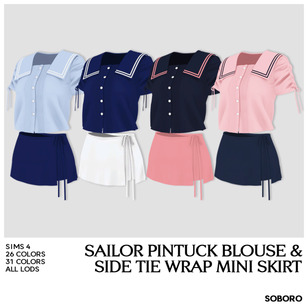 Mix SOBORO Sailor Pintuck Blouse Side Tie Wrap Mini Skirt by simsfinds - The Sims 4 Custom Content