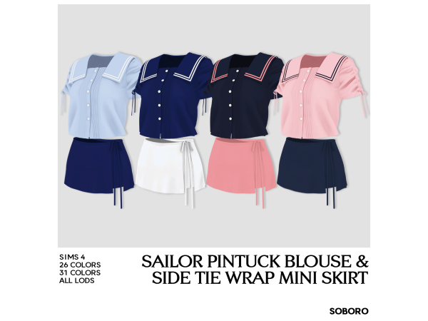 Mix SOBORO Sailor Pintuck Blouse Side Tie Wrap Mini Skirt - The Sims 4 Custom Content