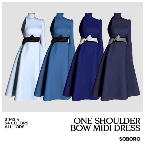 Maxis Match SOBORO One Shoulder Bow Midi Dress by simsfinds - The Sims 4 Custom Content
