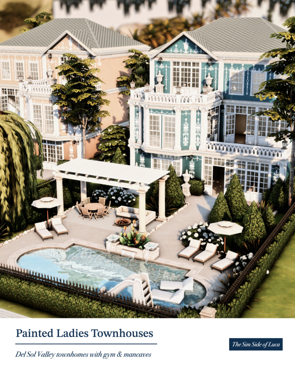 Maxis Match Painted Ladies Townhouses Del Sol Valley by simsfinds - The Sims 4 Custom Content