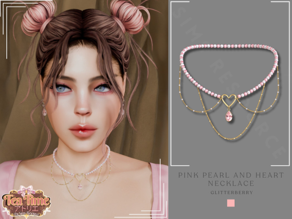 Alpha Pink Pearl & Heart Necklace by Glitterberryfly - The Sims 4 custom content