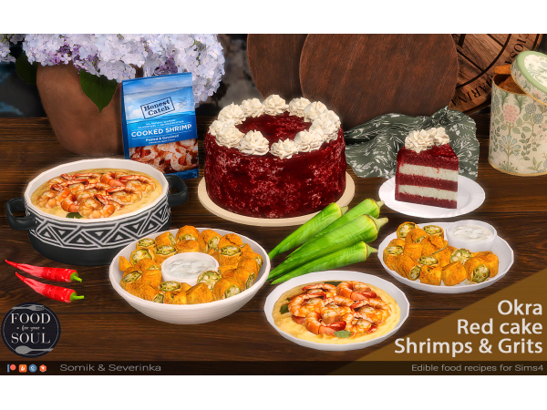Alpha Okra Shrimp and Grits and Red Velvet Cake Soul Food Set by Somik_Severinka - The Sims 4 Custom Content
