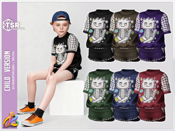 Alpha 345 Child Boy SET Cartoon Kitty Kids T Shirt and Shorts by RobertaPLobo - The Sims 4 custom content