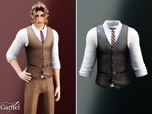 Alpha Adult Tailored leather vest with tie and chain detail by Garfiel - The Sims 4 Custom Content