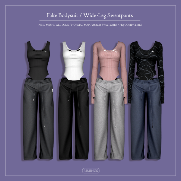 Alpha [RIMINGS] Fake Bodysuit Wide Leg Sweatpants by simsfinds - The Sims 4 Custom Content