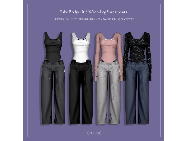 Alpha [RIMINGS] Fake Bodysuit Wide Leg Sweatpants - The Sims 4 Custom Content