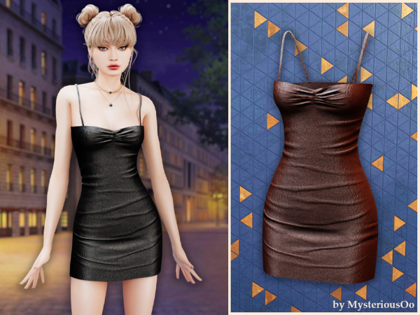 Sims 4 Ruched leather strap mini dress by MysteriousOo