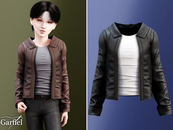 Alpha Child Sleek leather zip jacket with pointed collar by Garfiel - The Sims 4 custom content