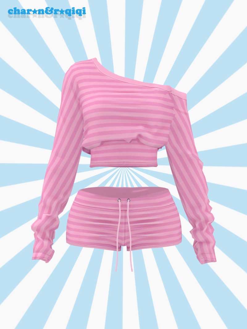 Mix [charonroqiqi]Off shoulder stripes suit by roqiqi - The Sims 4 Custom Content
