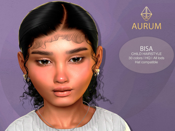 Alpha Aurum Bisa curly low bun with edges (child hairstyle) by Aurum - The Sims 4 Custom Content