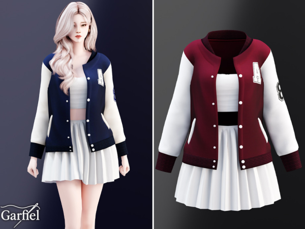 Alpha Adult Varsity jacket set with crop top and skirt by Garfiel - The Sims 4 Custom Content