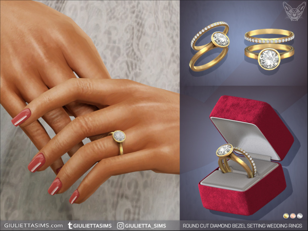 Alpha Round Cut Diamond Bezel Setting Wedding Rings by feyona - The Sims 4 Custom Content