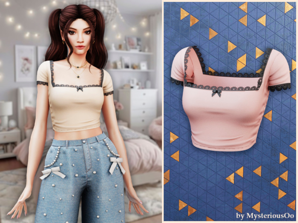 Alpha Lace trim square neck top by MysteriousOo - The Sims 4 Custom Content