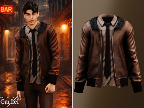 Alpha Adult Leather bomber jacket layered over shirt and tie by Garfiel - The Sims 4 Custom Content