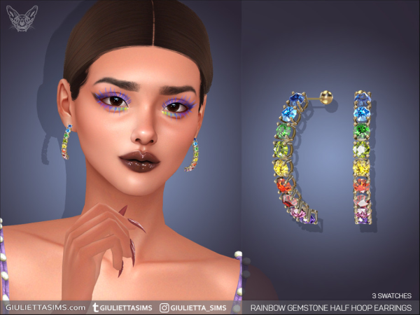 Alpha Rainbow Gemstones Half Hoop Earrings by feyona - The Sims 4 Custom Content