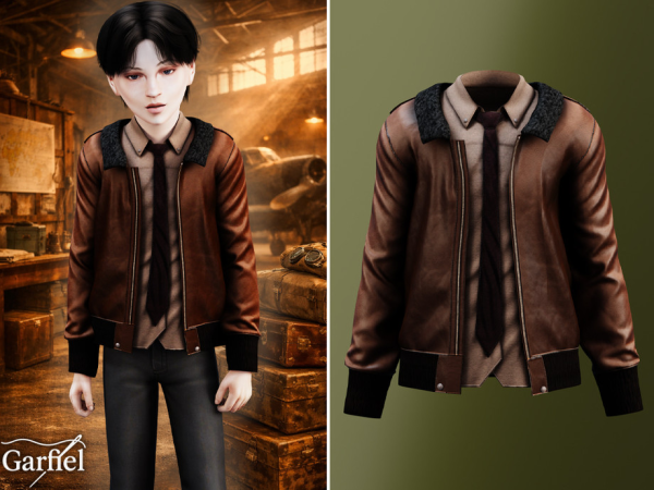 Alpha Child Smart leather jacket outfit with shirt and tie by Garfiel - The Sims 4 Custom Content