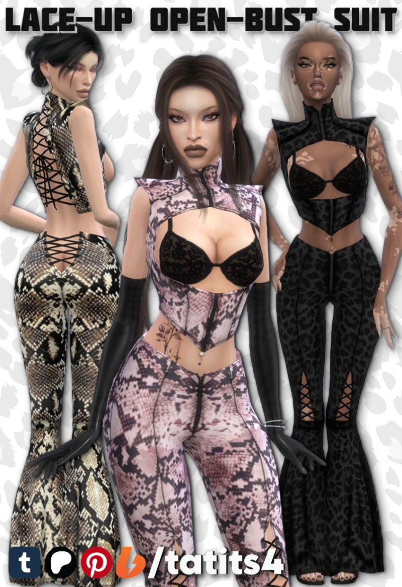 Alpha Open bust corset top and flared lace up trousers by tatits4 - The Sims 4 Custom Content